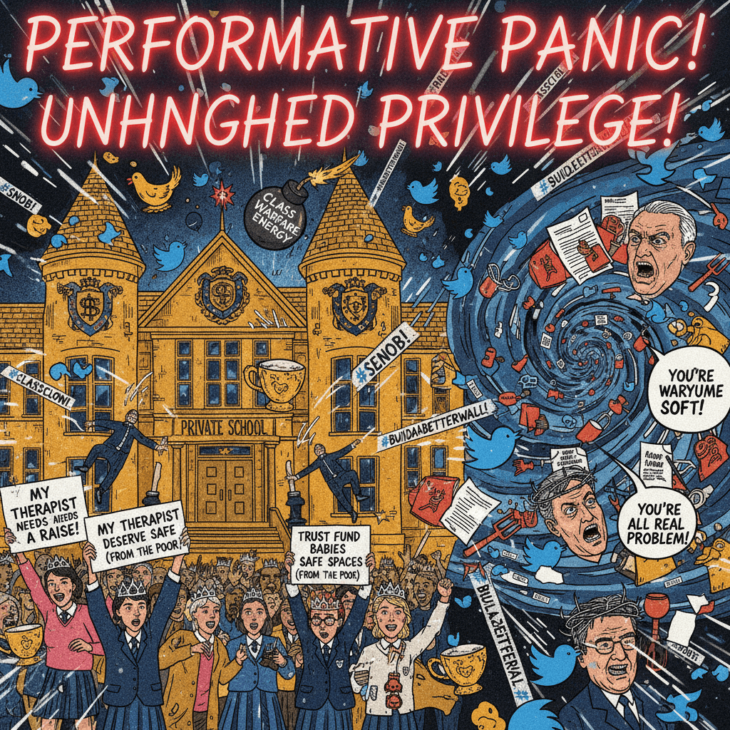 Posh school trauma meets asylum politics, sprinkle insults