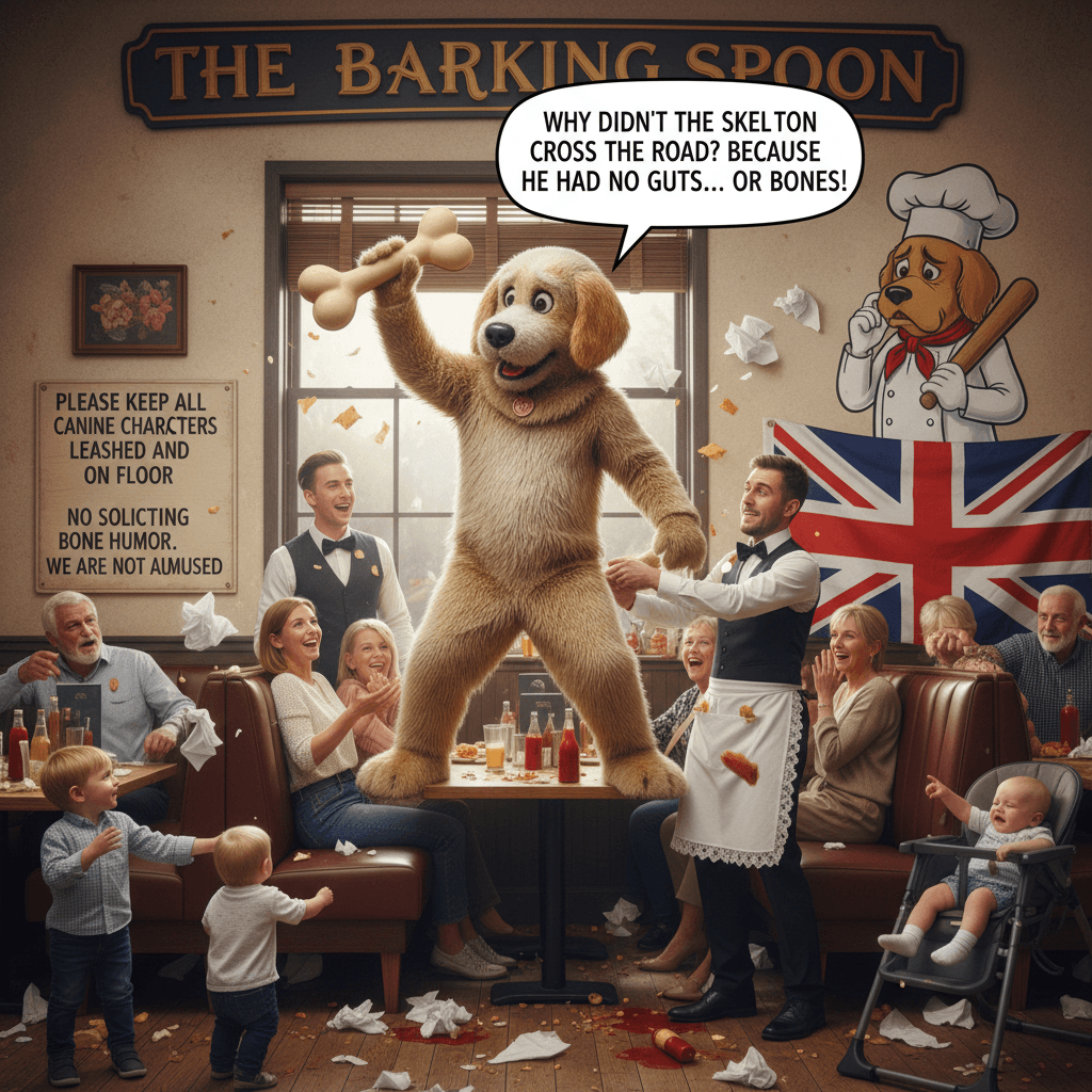 man in dog costume makes bone joke at family restaurant, nobody asked